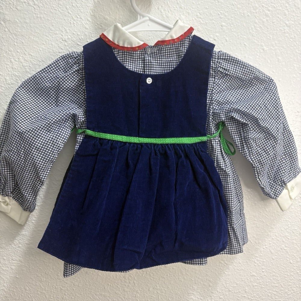 Vintage 2 Piece Farm Gingham Dress Navy Corduroy Pinafore Baby Girl Dress 9-12M - Picture 6 of 13
